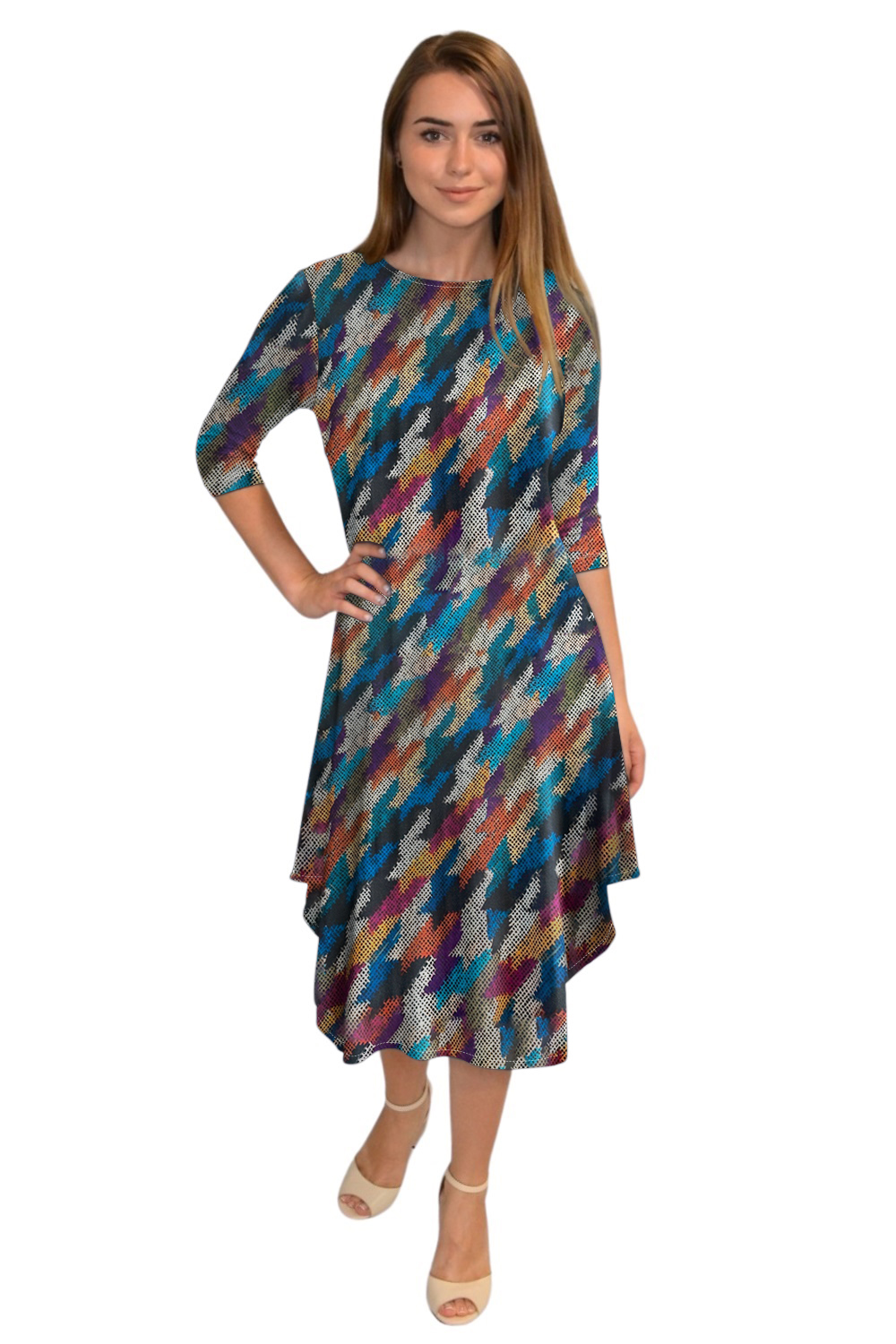 Flowing Midi Dress with 3/4 Sleeves and Dramatic Drape by Kosher Casual USA