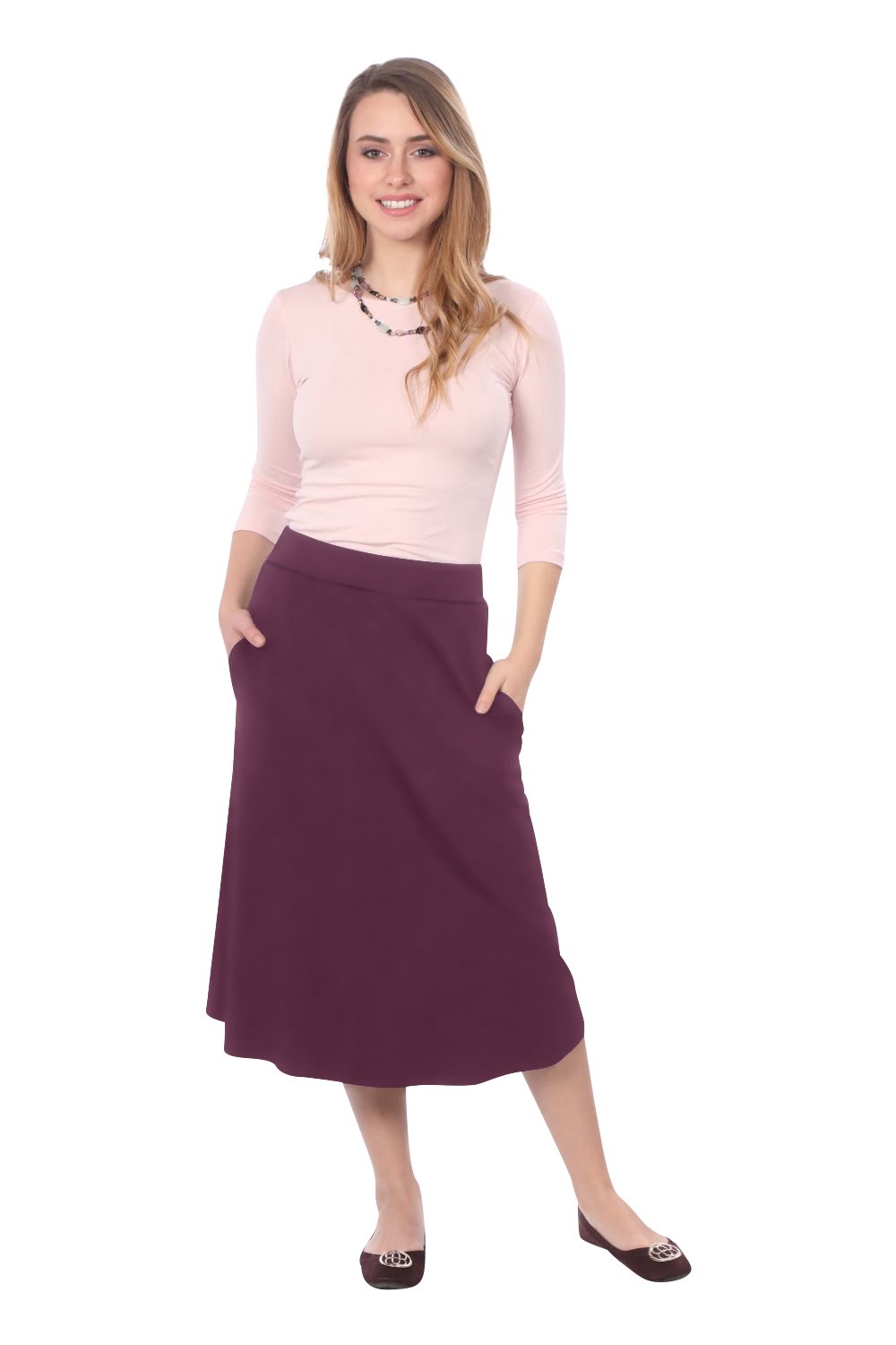 The Perfect A-Line Midi Skirt with Pockets by Kosher Casual USA