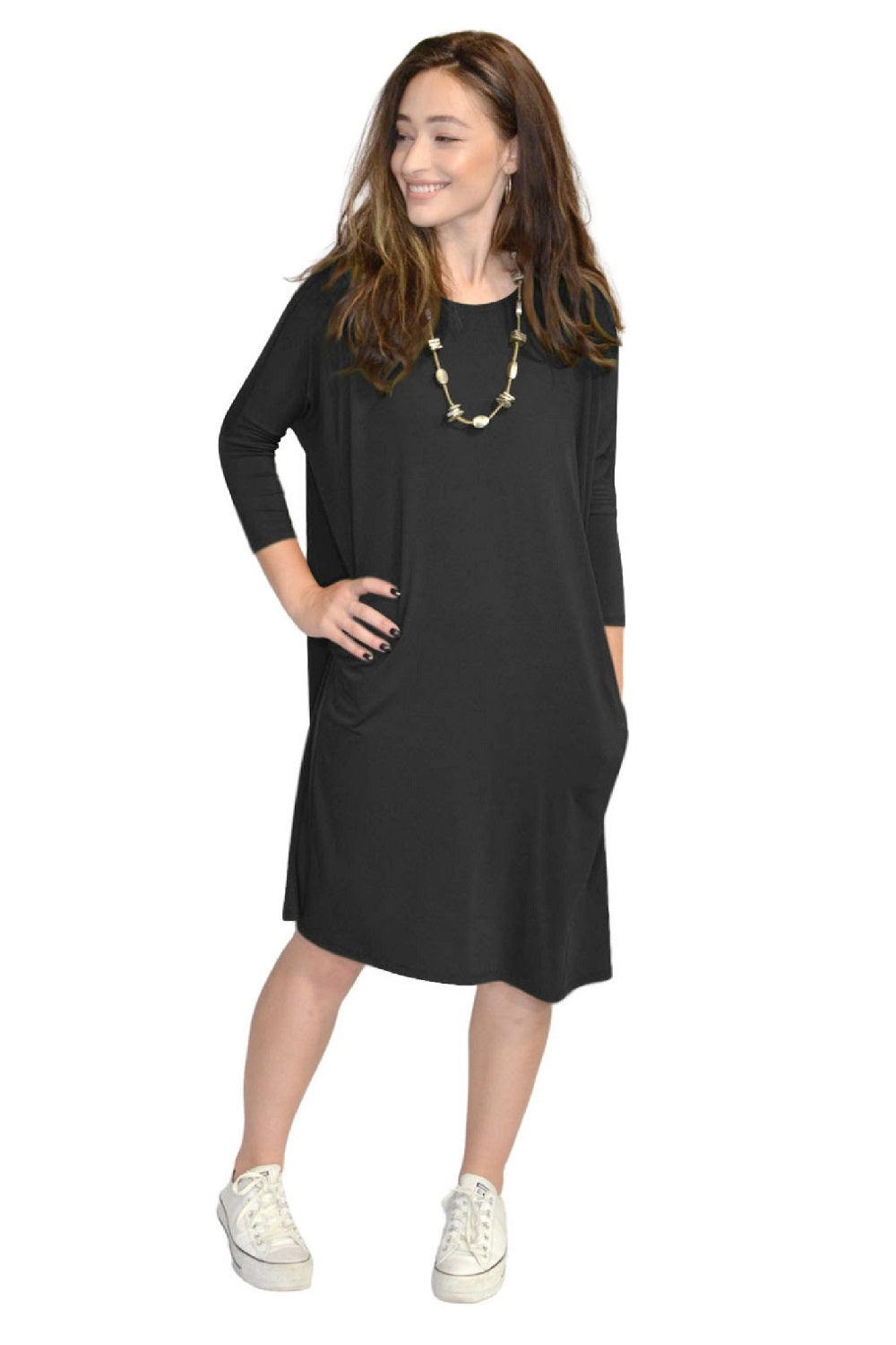 Relaxed Fit Modest 3/4 Sleeve Knee-Length Dress with Pockets by Kosher Casual USA
