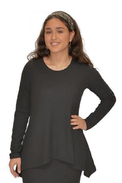 Long Sleeve Ribbed Sweater Tunic with Handkerchief Hem by Kosher Casual USA