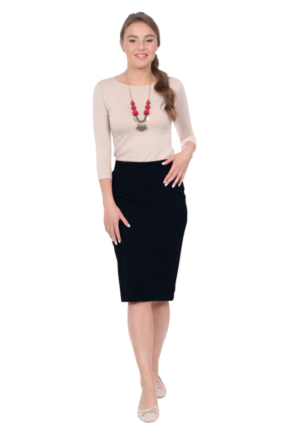 Modest Knee-Length Tapered Stretch Cotton Spandex Pencil Skirt by Kosher Casual USA
