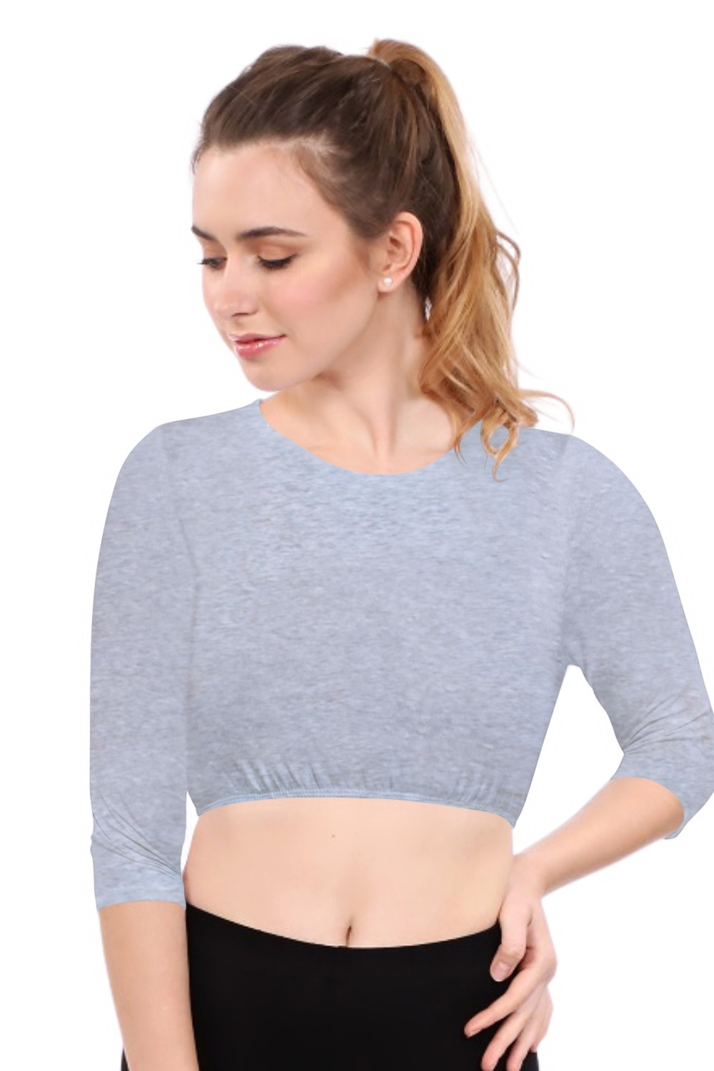 Modest Neck Cropped Layering - Cotton Spandex 3/4 Sleeve Shell Top by Kosher Casual USA