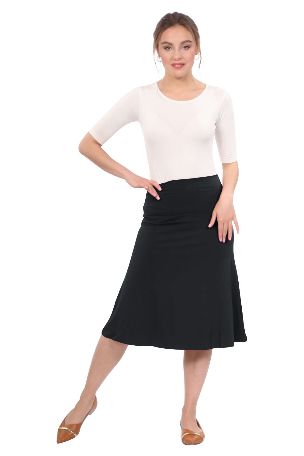 Sleek A-Line Adjustable Waist Midi Skirt with Fold-Over Waistband by Kosher Casual USA