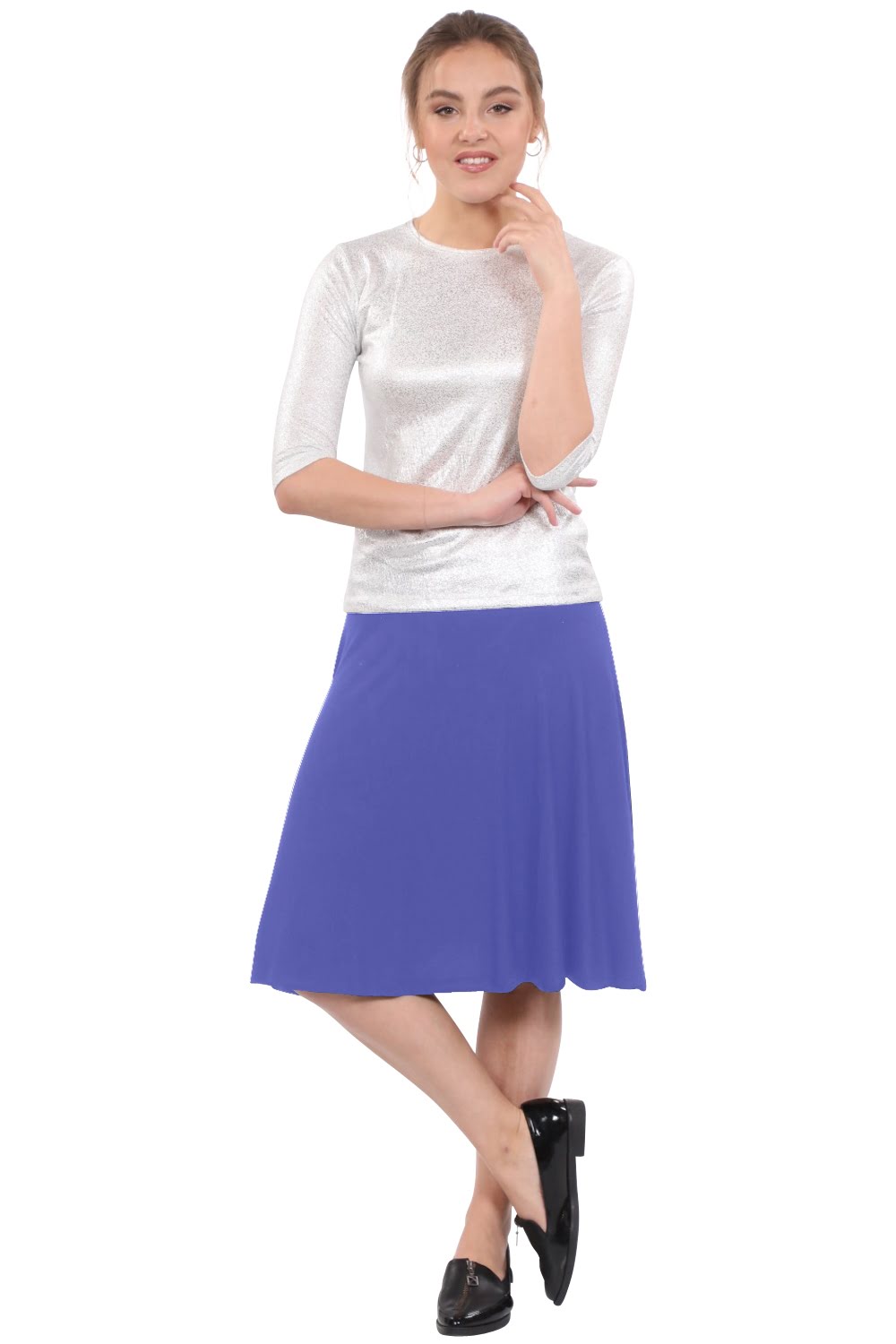 Knee Length A-Line Skater Skirt with Full Elastic Waist by Kosher Casual USA