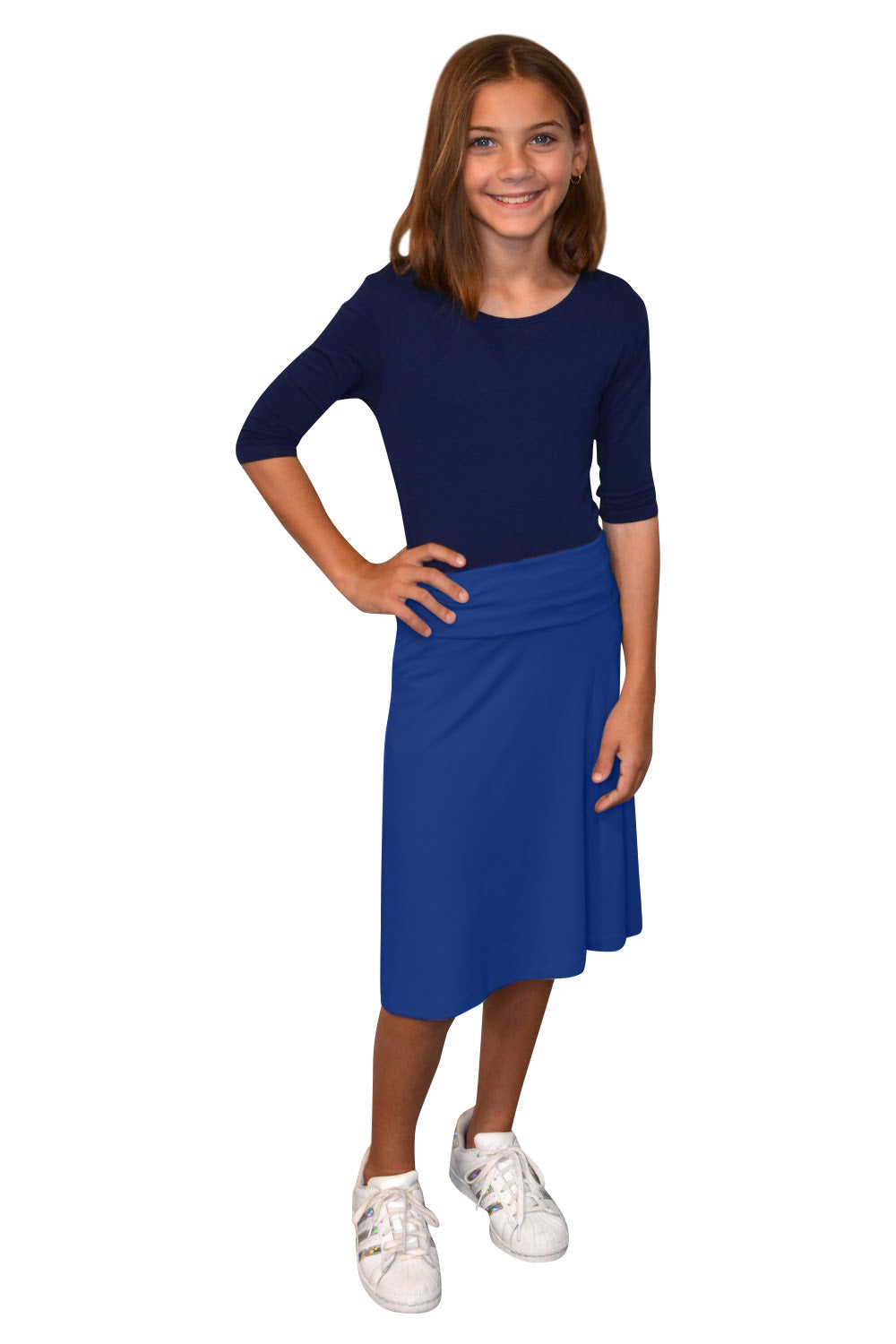 Girls A-Line Midi Skirt with Adjustable Fold-Over Waist by Kosher Casual USA