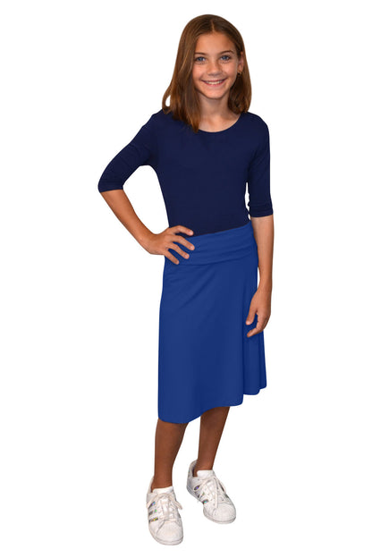 Girls A-Line Midi Skirt with Adjustable Fold-Over Waist by Kosher Casual USA