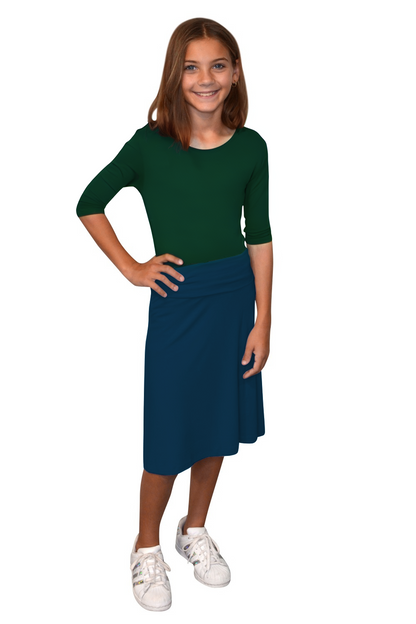 Girls A-Line Midi Skirt with Adjustable Fold-Over Waist by Kosher Casual USA
