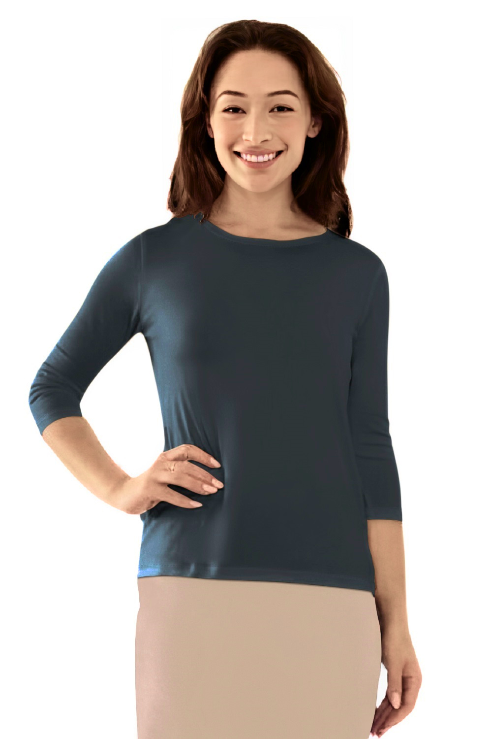 Modest 3/4 Sleeve Layering Shell with Below Collarbone Neckline by Kosher Casual USA