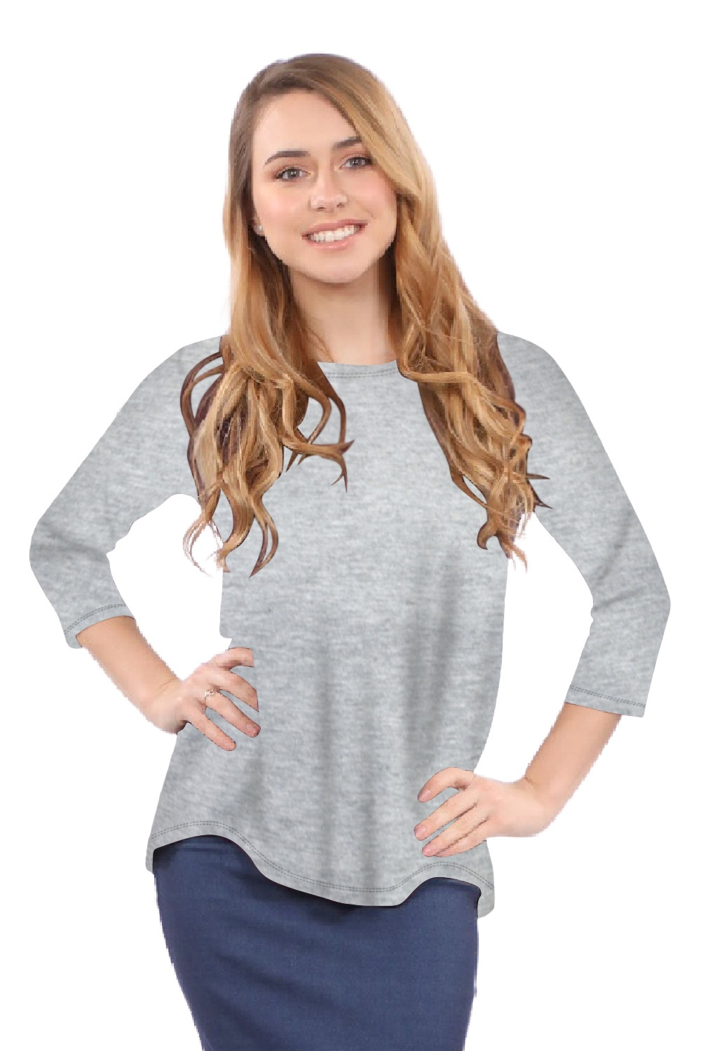 3/4 Sleeve Curved Hem Tunic Top - Breathable Viscose Spandex by Kosher Casual USA