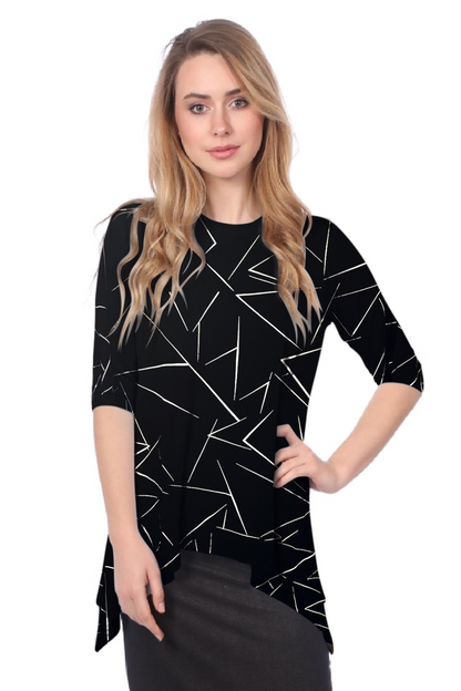 Modest Handkerchief Tunic Top - 3/4 Sleeve Comfort Flow Design by Kosher Casual USA