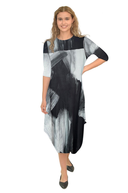 Flowing Midi Dress with 3/4 Sleeves and Dramatic Drape by Kosher Casual USA