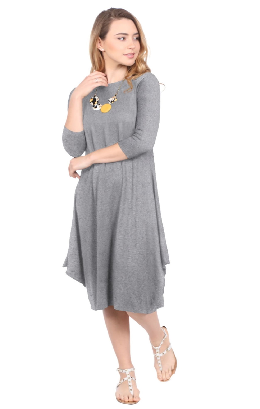 Flowing Midi Dress with 3/4 Sleeves and Dramatic Drape by Kosher Casual USA
