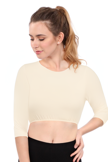 Modest Neck Cropped Layering - Cotton Spandex 3/4 Sleeve Shell Top by Kosher Casual USA