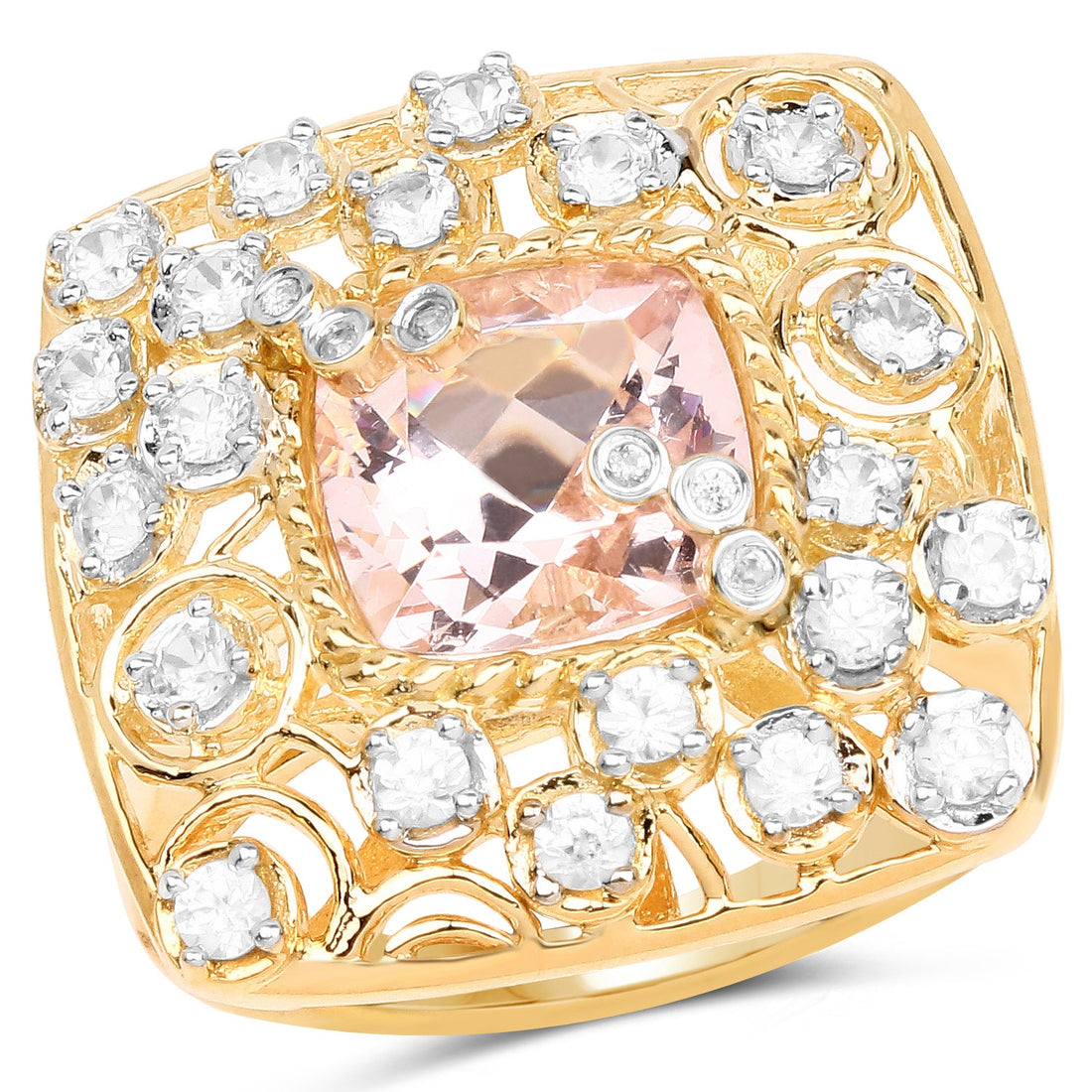 14K Yellow Gold Plated 3.33 Carat Synthartic Morganite and White Topaz .925 Sterling Silver Ring by Bids.com