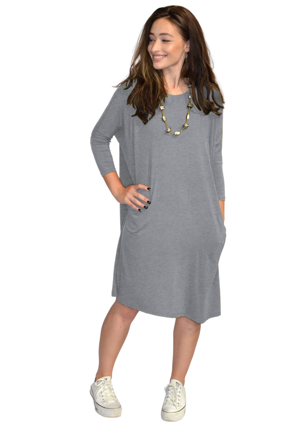 Relaxed Fit Modest 3/4 Sleeve Knee-Length Dress with Pockets by Kosher Casual USA