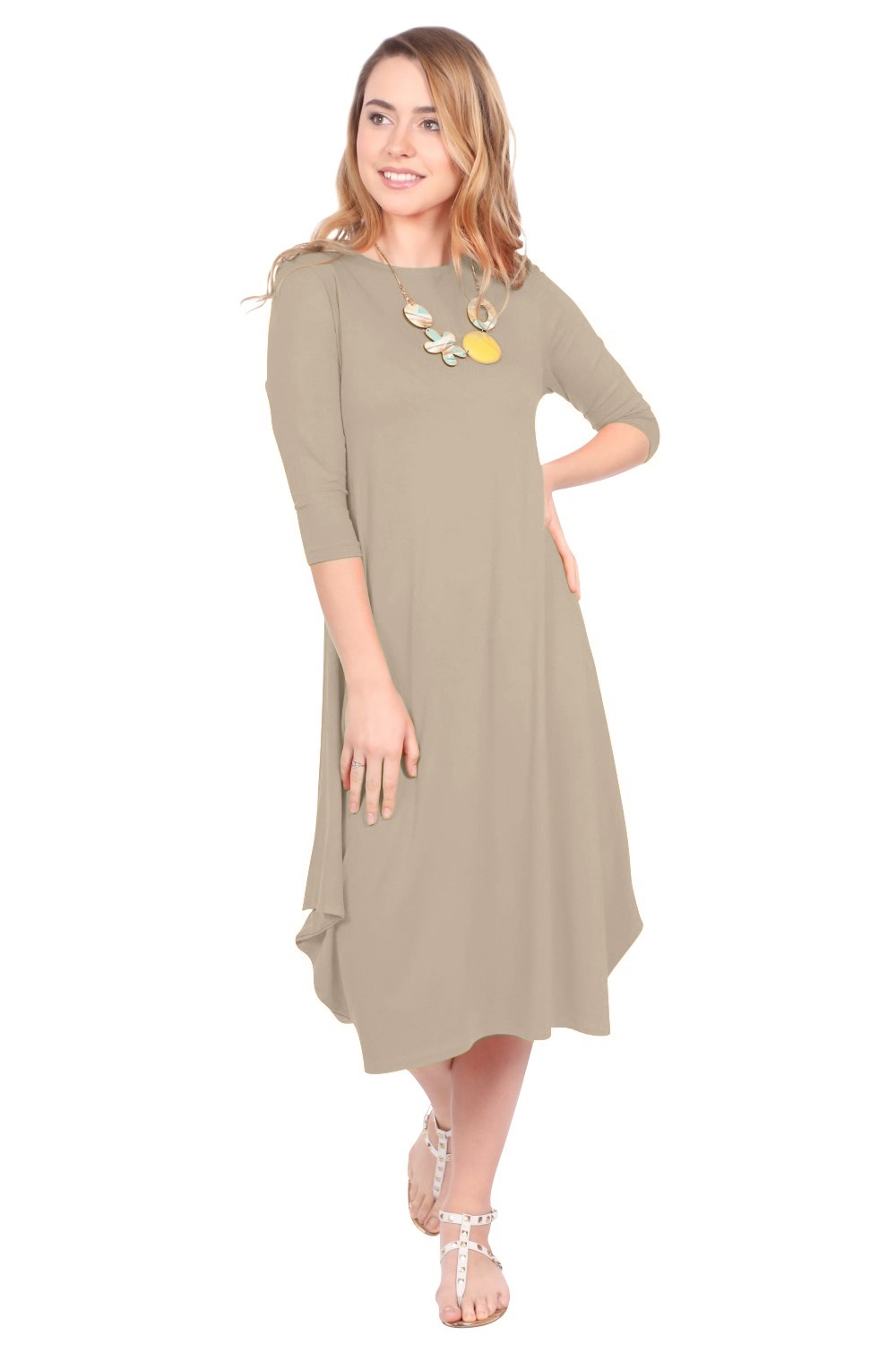 Flowing Midi Dress with 3/4 Sleeves and Dramatic Drape by Kosher Casual USA