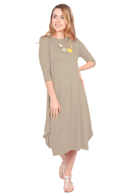 Flowing Midi Dress with 3/4 Sleeves and Dramatic Drape by Kosher Casual USA