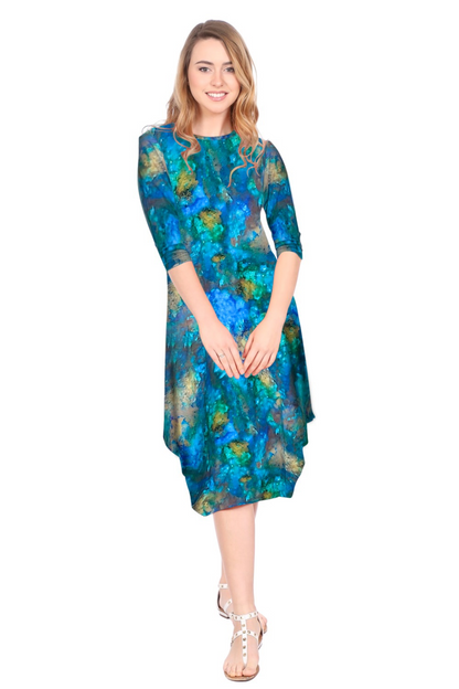 Flowing Midi Dress with 3/4 Sleeves and Dramatic Drape by Kosher Casual USA