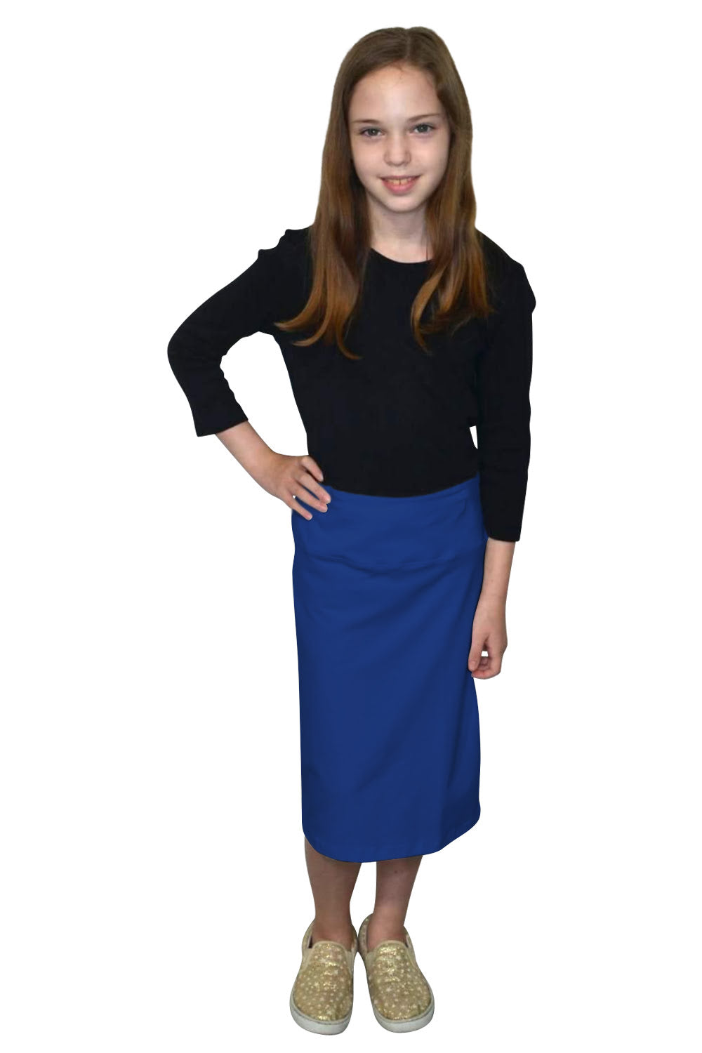Girls Stretch Knee Length Pencil Skirt in Cotton Spandex by Kosher Casual USA