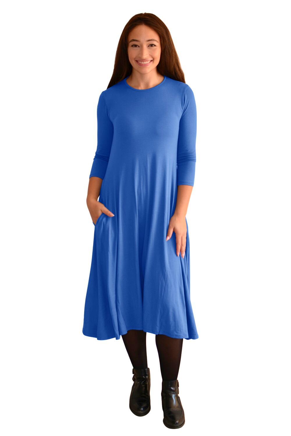 Mid-Calf 3/4 Sleeve Swing Dress with Pockets by Kosher Casual USA