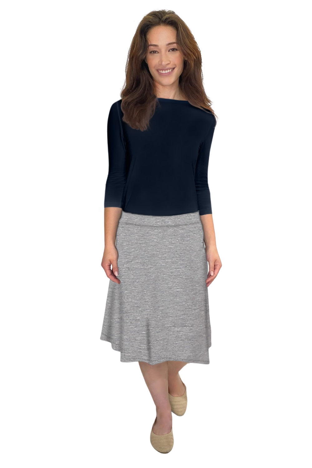 Classic A-Line Knee Length Cotton Stretch Skirt - Modest Everyday Comfort by Kosher Casual USA