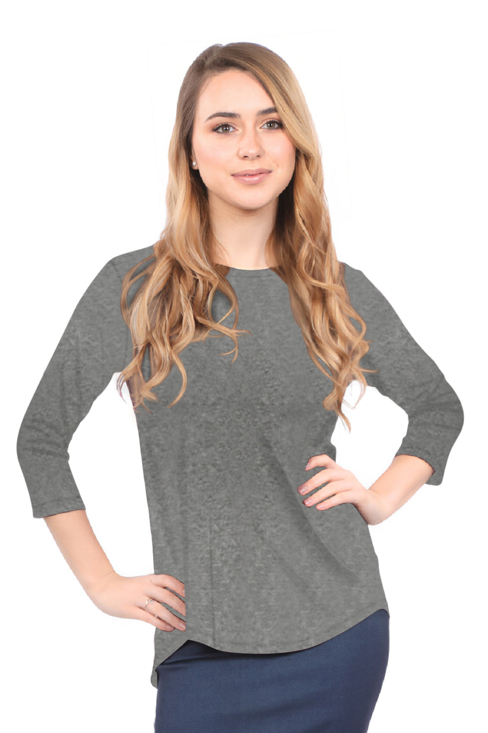 3/4 Sleeve Curved Hem Tunic Top - Breathable Viscose Spandex by Kosher Casual USA