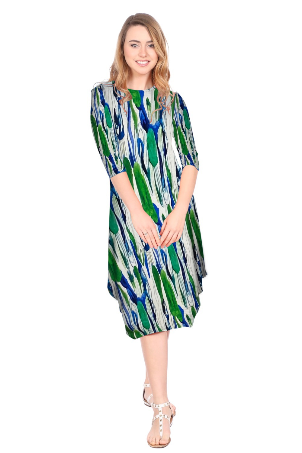Flowing Midi Dress with 3/4 Sleeves and Dramatic Drape by Kosher Casual USA