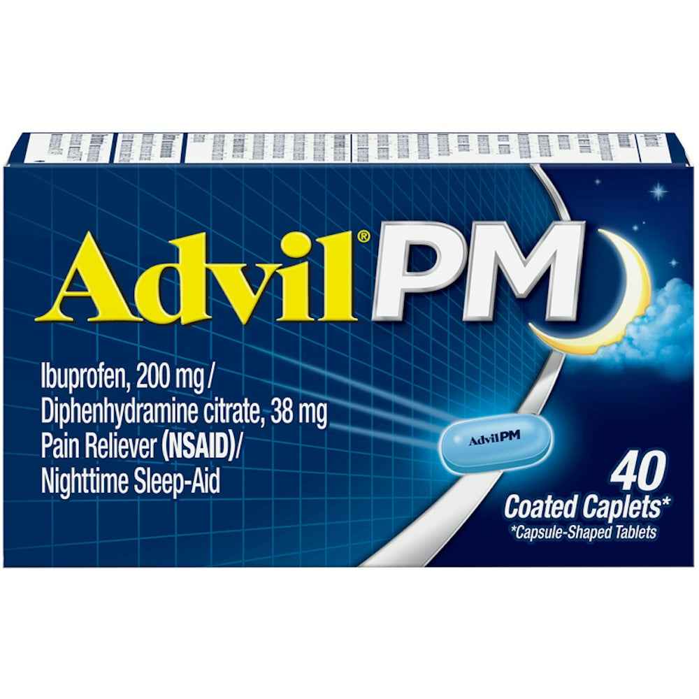 Advil PM 40 Count) Pain Reliever / Nighttime Sleep Aid Coated Caplet, 200mg Ibuprofen, 38mg Diphenhydramine