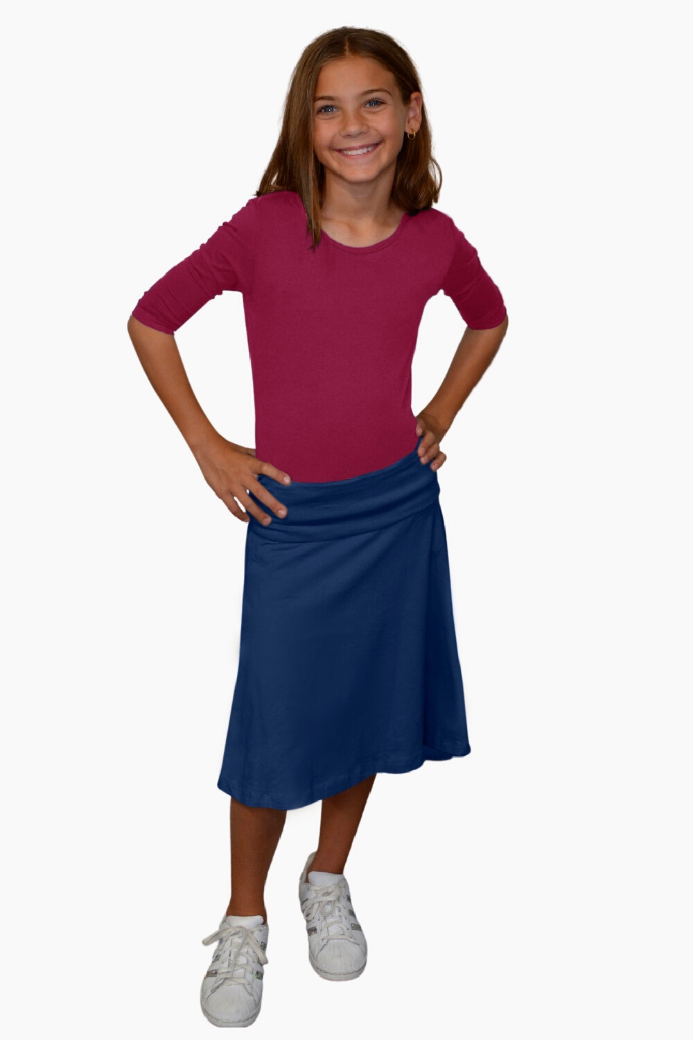 Girls Midi Skater Skirt with Fold-Over Waistband in Cotton Spandex by Kosher Casual USA
