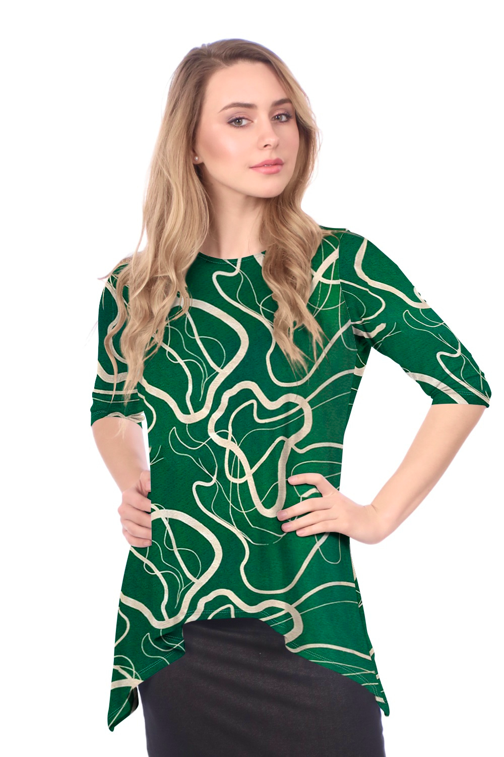 Modest Handkerchief Tunic Top - 3/4 Sleeve Comfort Flow Design by Kosher Casual USA