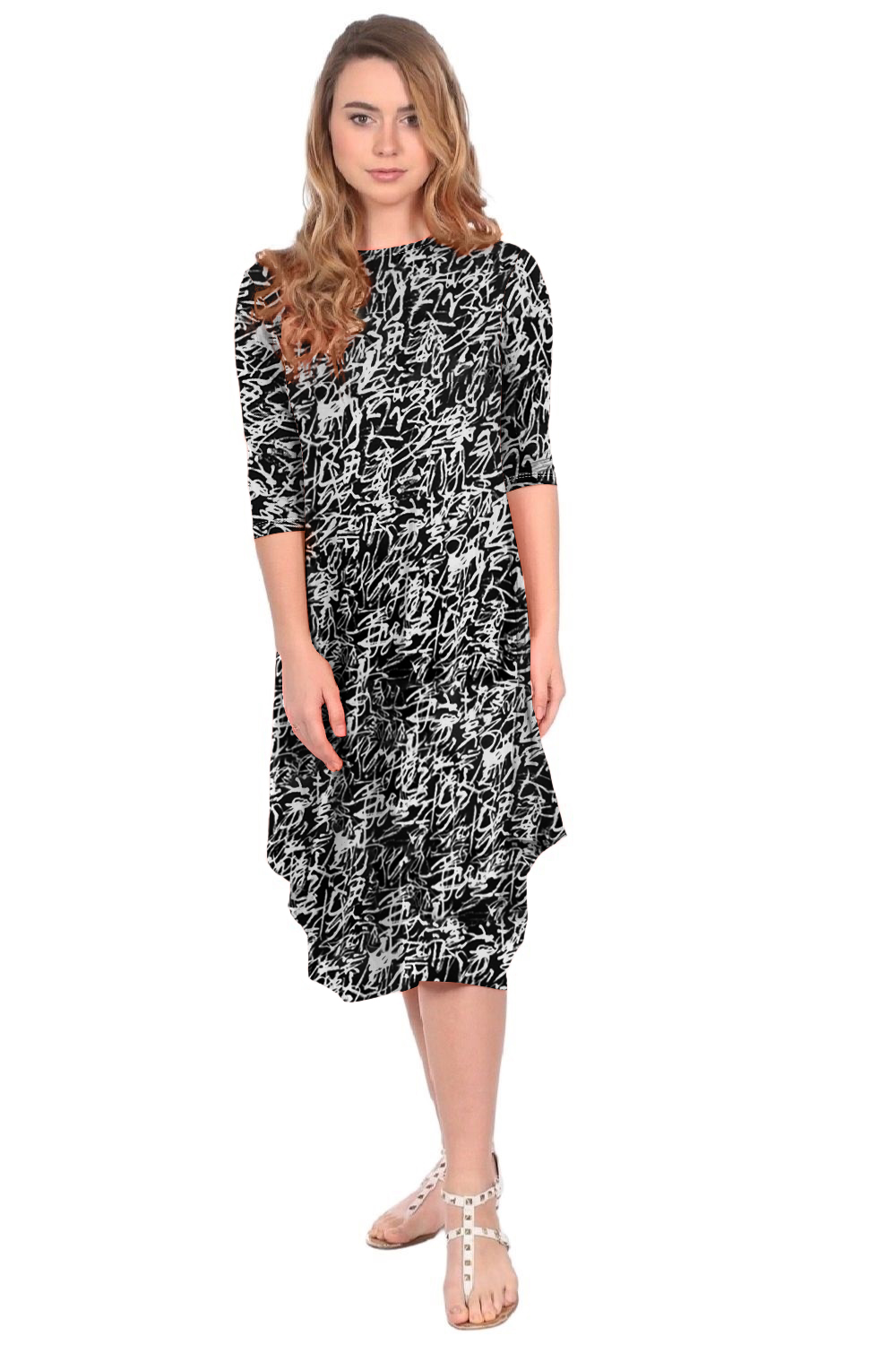 Flowing Midi Dress with 3/4 Sleeves and Dramatic Drape by Kosher Casual USA
