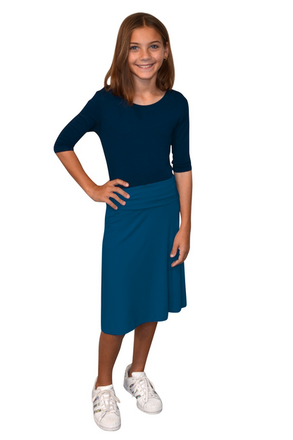Girls A-Line Midi Skirt with Adjustable Fold-Over Waist by Kosher Casual USA