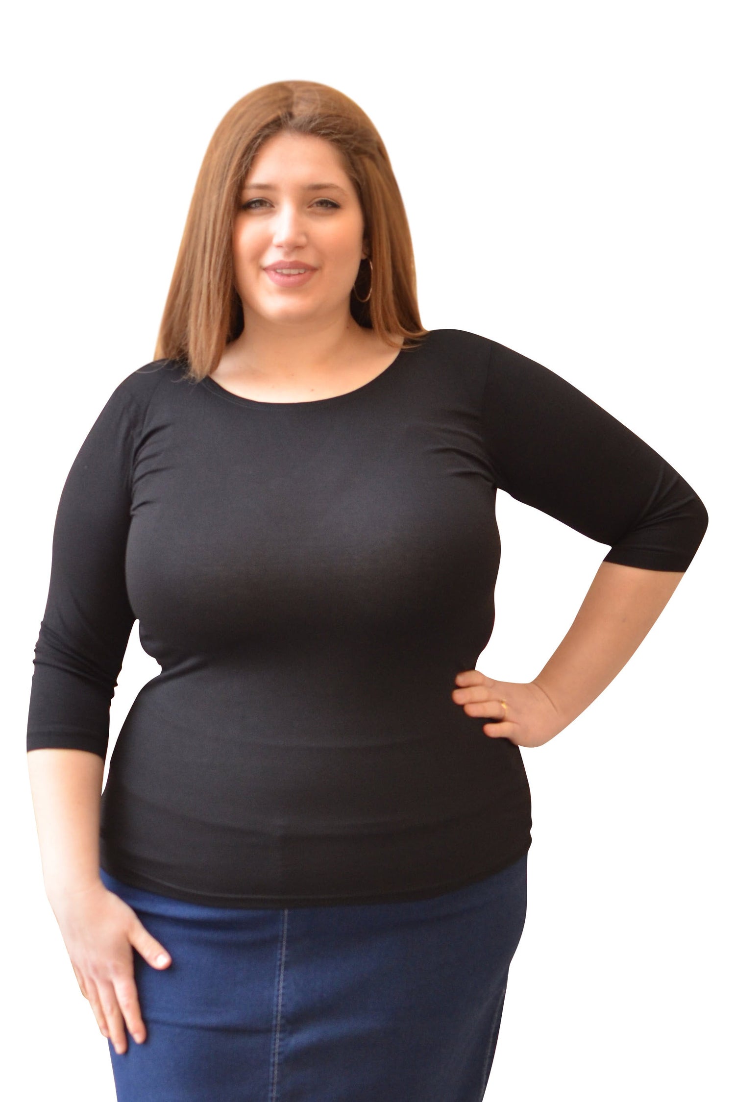 Plus Size Womens 3/4 Sleeve Layering Top - Modest Boat-neck Opening by Kosher Casual USA