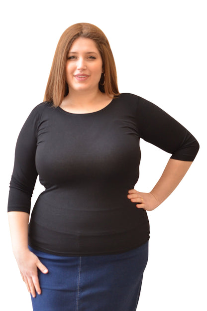 Plus Size Womens 3/4 Sleeve Layering Top - Modest Boat-neck Opening by Kosher Casual USA