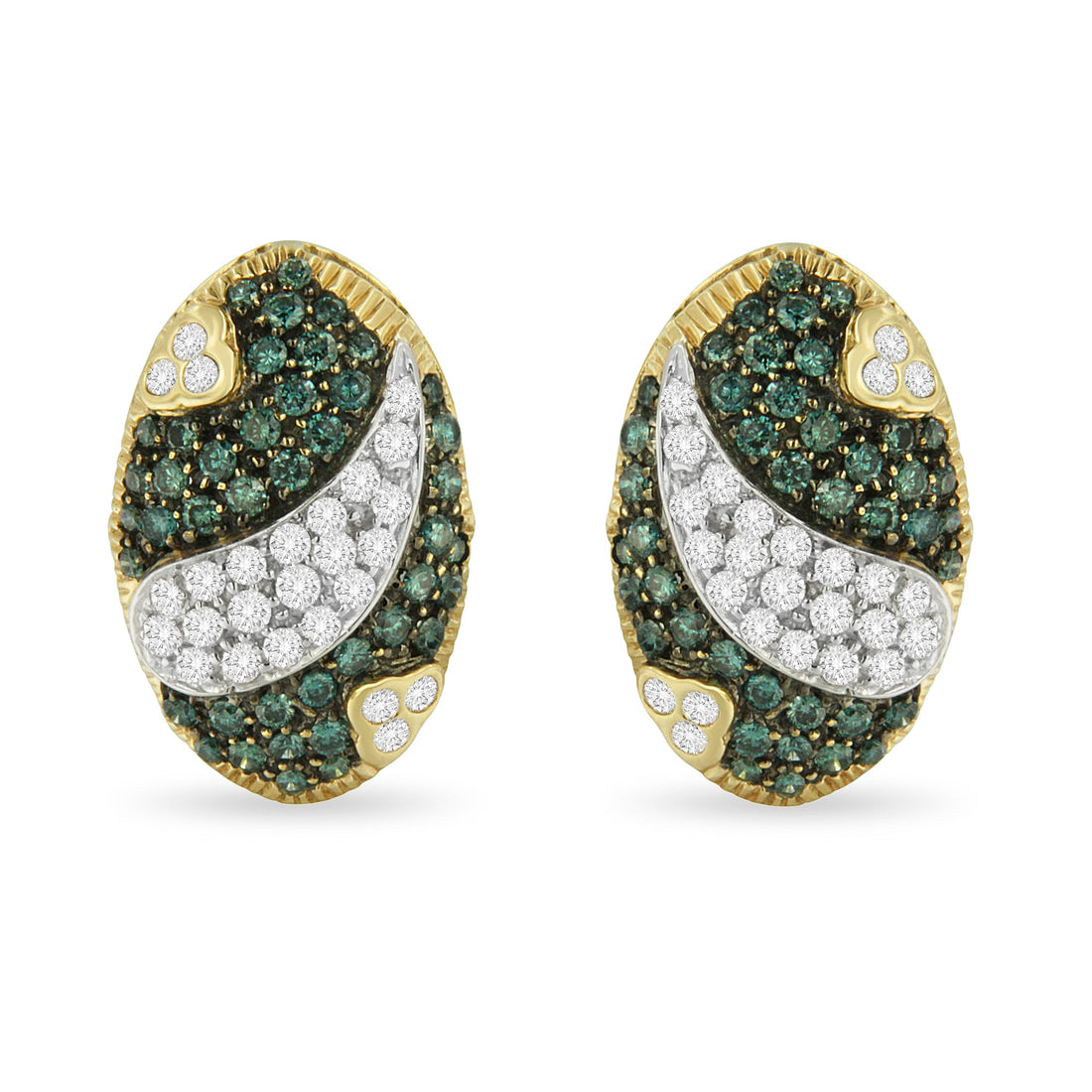 Black and White Rhodium over 14K Yellow Gold 2-1/10 Cttw White and Blue Diamond Oval Omega Back Stud Earrings (H-I and Blue Color, SI1-SI2 Clarity) by Bids.com