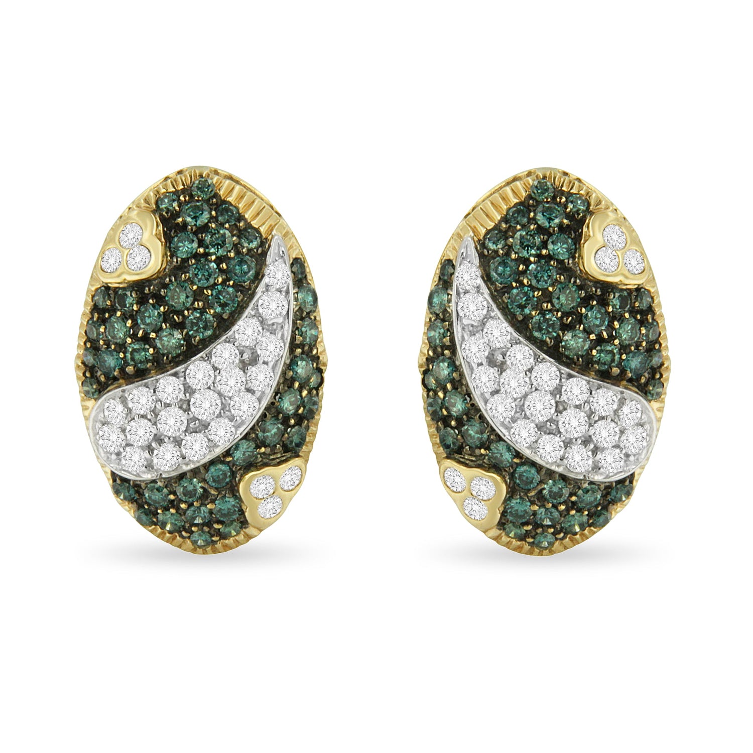 Black and White Rhodium over 14K Yellow Gold 2-1/10 Cttw White and Blue Diamond Oval Omega Back Stud Earrings (H-I and Blue Color, SI1-SI2 Clarity) by Bids.com