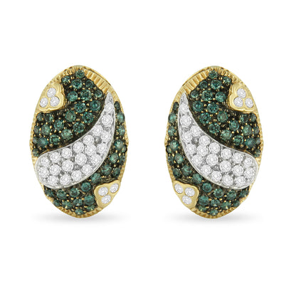 Black and White Rhodium over 14K Yellow Gold 2-1/10 Cttw White and Blue Diamond Oval Omega Back Stud Earrings (H-I and Blue Color, SI1-SI2 Clarity) by Bids.com
