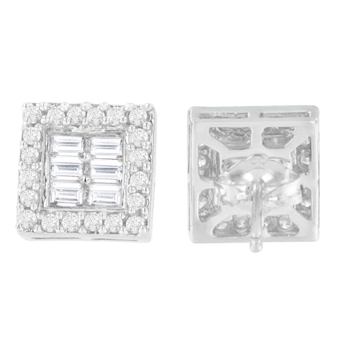 14K White Gold 1 cttw Round and Baguette Diamond Stud Earrings (H-I, SI1-SI2) by Bids.com