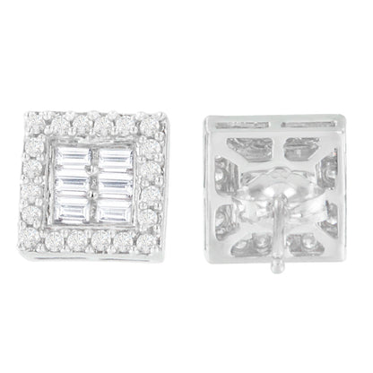 14K White Gold 1 cttw Round and Baguette Diamond Stud Earrings (H-I, SI1-SI2) by Bids.com