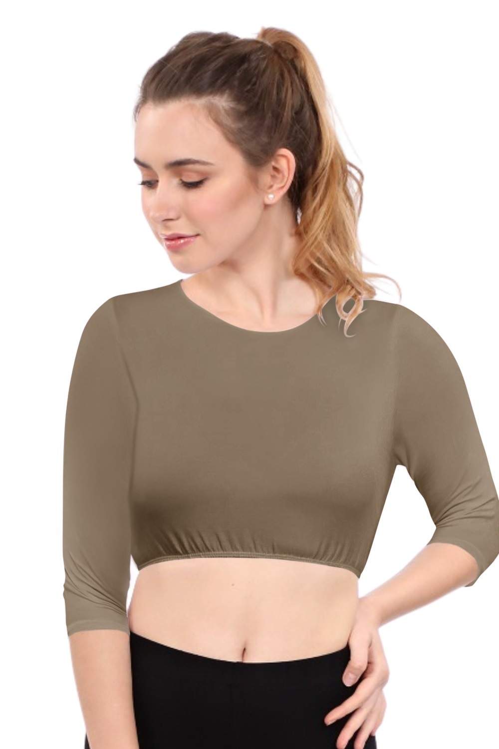 Modest Neck Cropped Layering - Cotton Spandex 3/4 Sleeve Shell Top by Kosher Casual USA