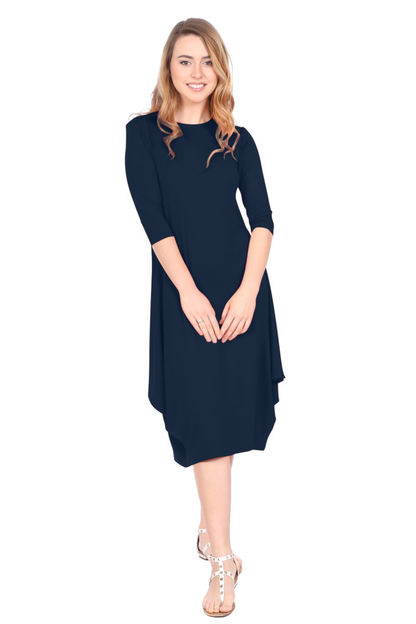 Flowing Midi Dress with 3/4 Sleeves and Dramatic Drape by Kosher Casual USA