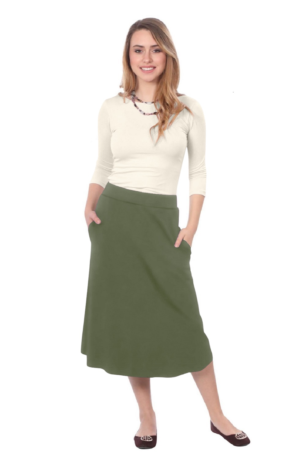 The Perfect A-Line Midi Skirt with Pockets by Kosher Casual USA