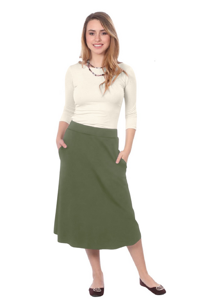 The Perfect A-Line Midi Skirt with Pockets by Kosher Casual USA