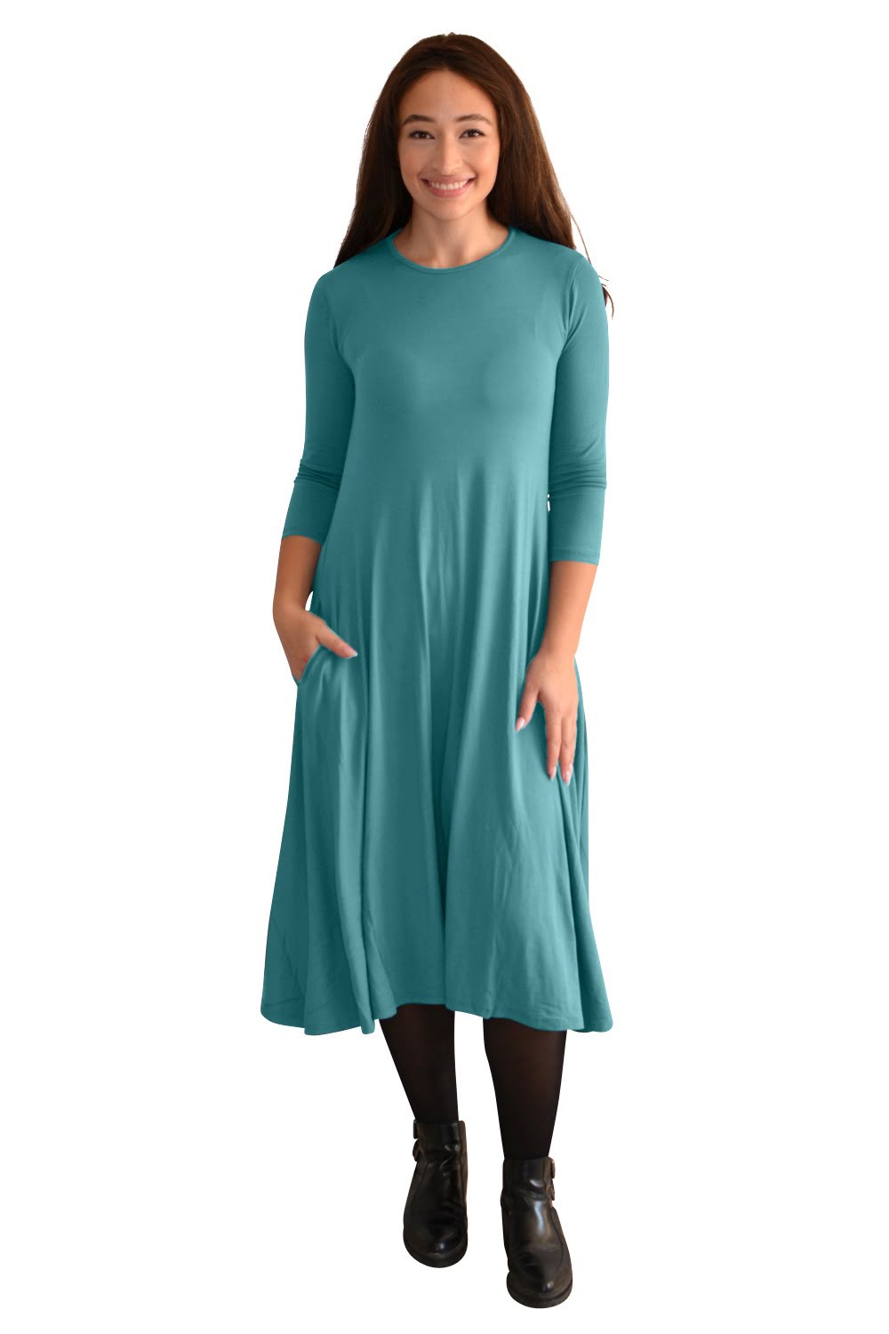 Mid-Calf 3/4 Sleeve Swing Dress with Pockets by Kosher Casual USA