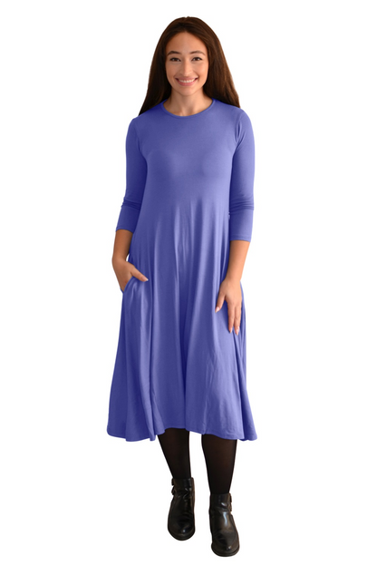 Mid-Calf 3/4 Sleeve Swing Dress with Pockets by Kosher Casual USA