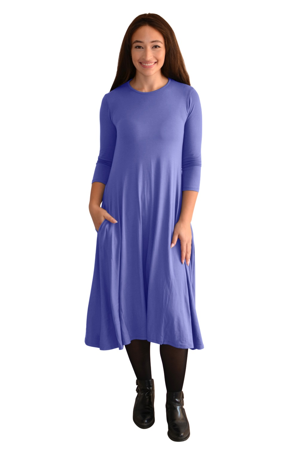 Mid-Calf 3/4 Sleeve Swing Dress with Pockets by Kosher Casual USA