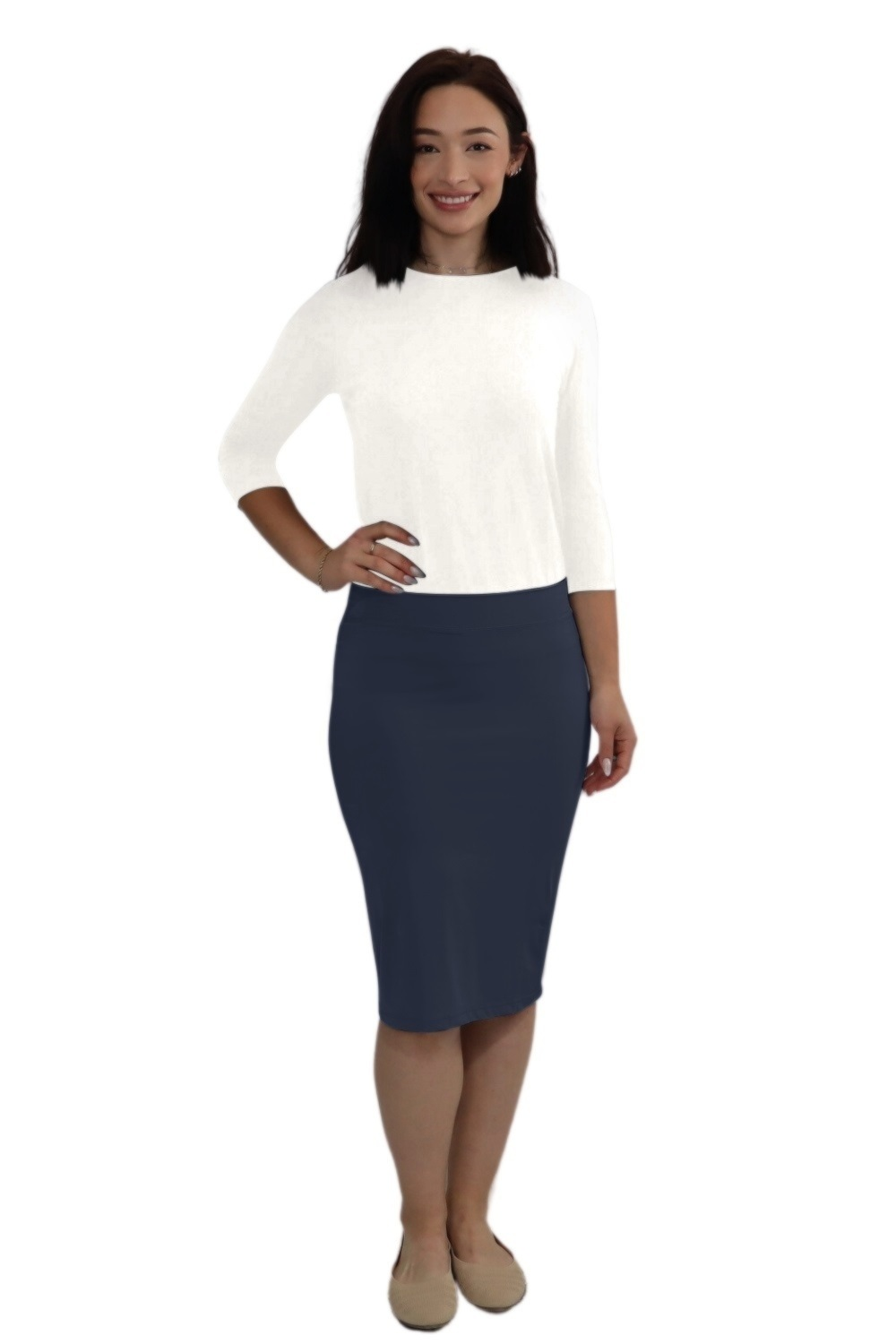 Lightweight Silky Fitted Knee-Length Pencil Skirt in Stretch Nylon by Kosher Casual USA
