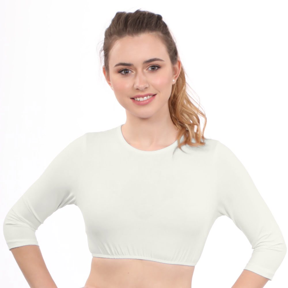 Modest Neck Cropped Layering - Cotton Spandex 3/4 Sleeve Shell Top by Kosher Casual USA