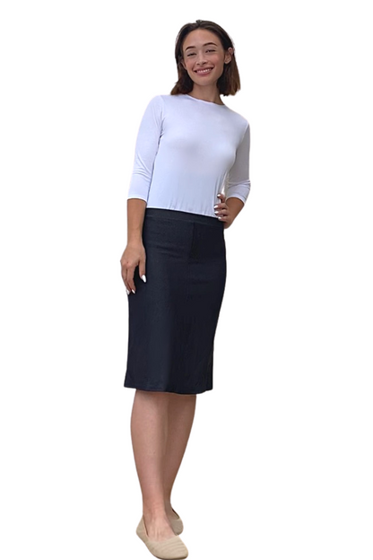 Faux Knit Denim Knee-Length Pencil Skirt with Stretch by Kosher Casual USA