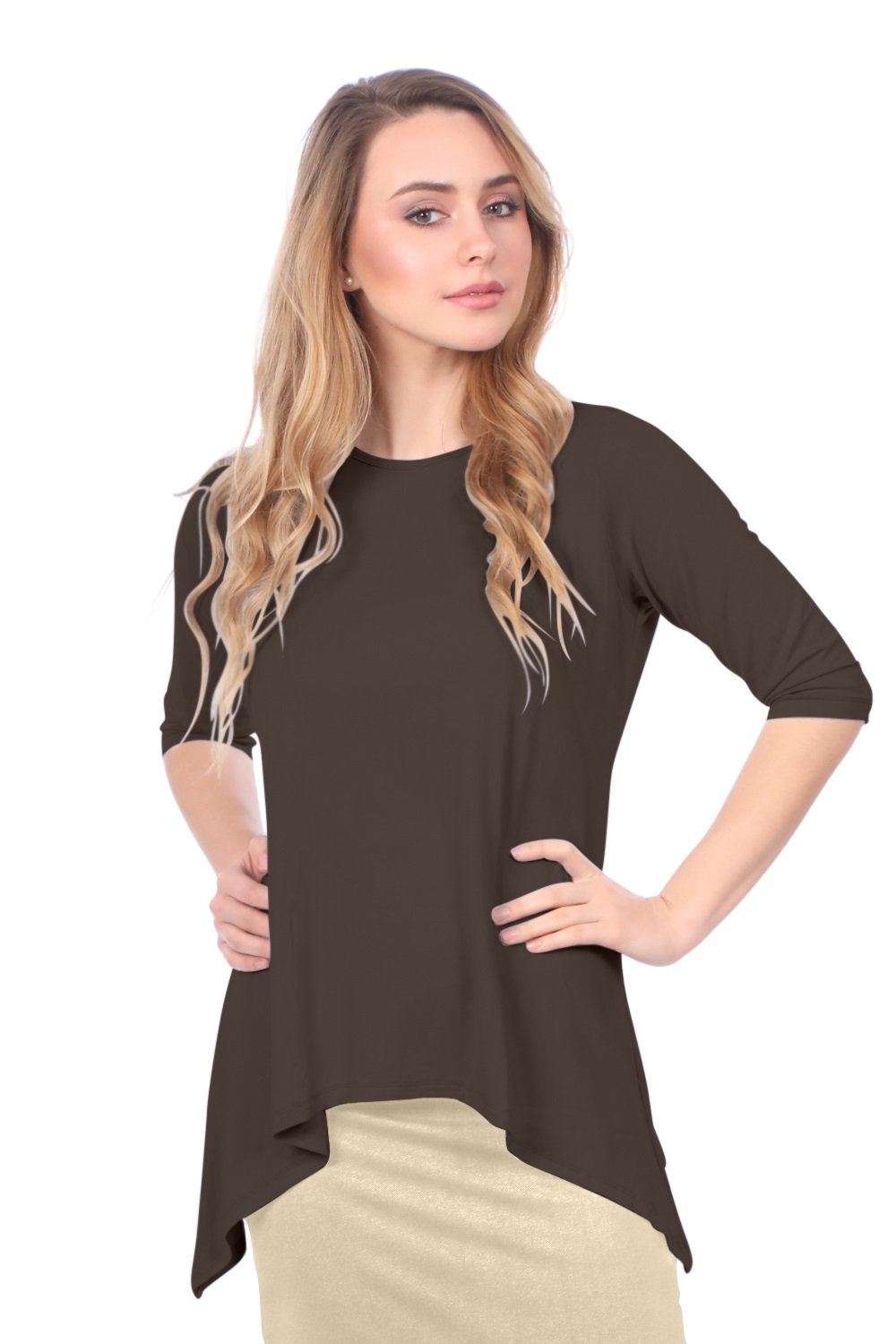 Modest Handkerchief Tunic Top - 3/4 Sleeve Comfort Flow Design by Kosher Casual USA
